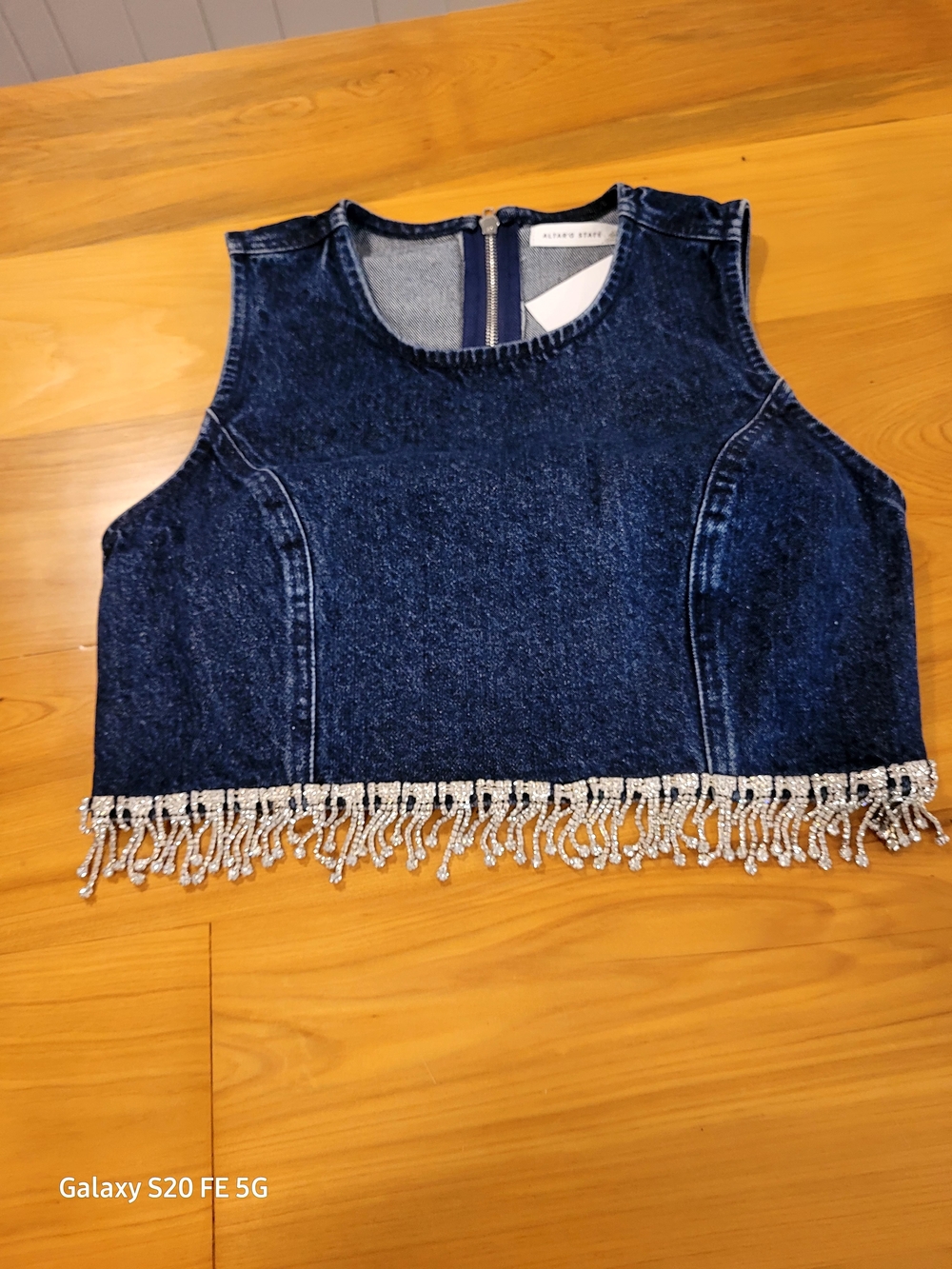 Altar'd State Dark Blue Denim Crop Tank with Rhinestone Fringe